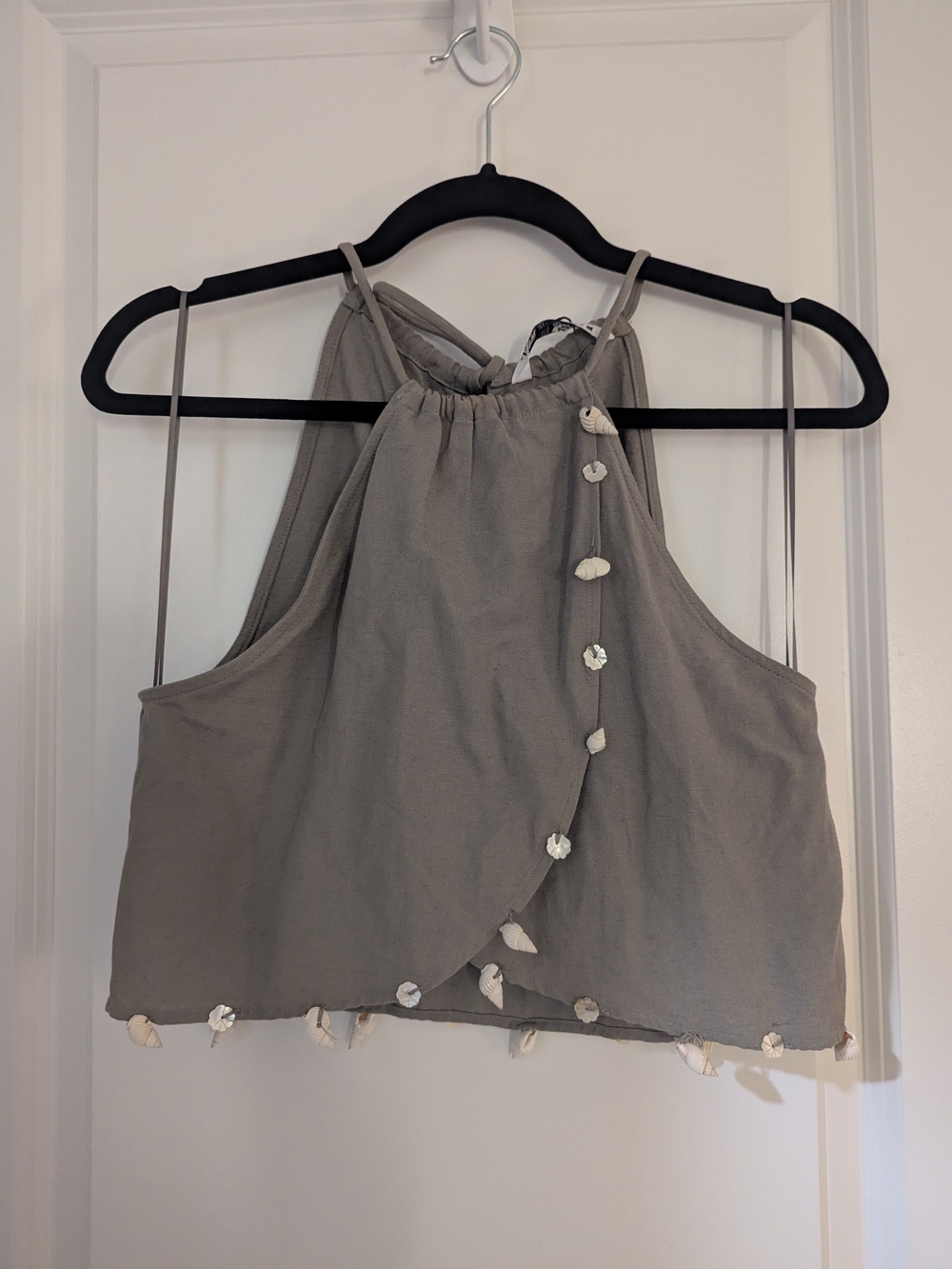 Zara Taupe Halter Crop Top and Wide Leg Pants Set with Shell Trim
